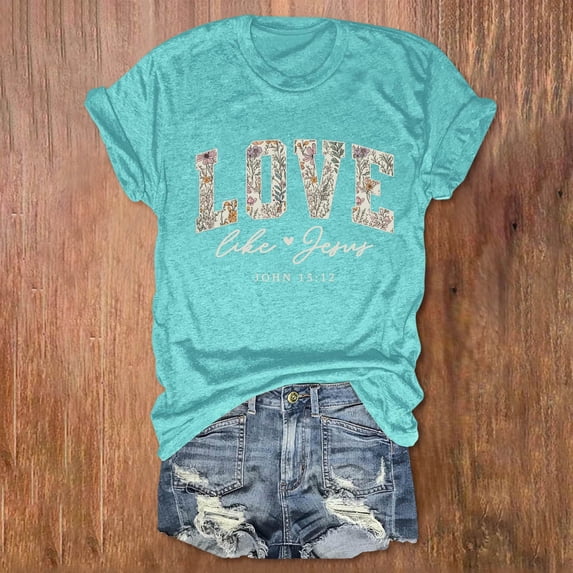 VOUZZA Womens Faith Letter Print T-Shirt Floral Graphic Crew Neck Short Sleeve Tee Christian Inspirational Tops