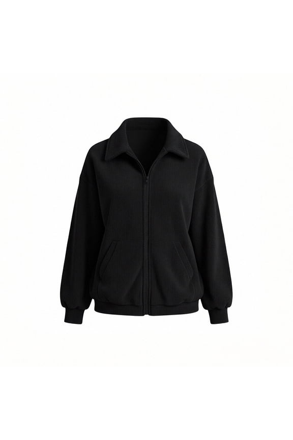 Womens Full Zip Sweatshirt No Hood Solid Color Casual Long Sleeve Stand Collar Jacket Outerwear Fall Coat
