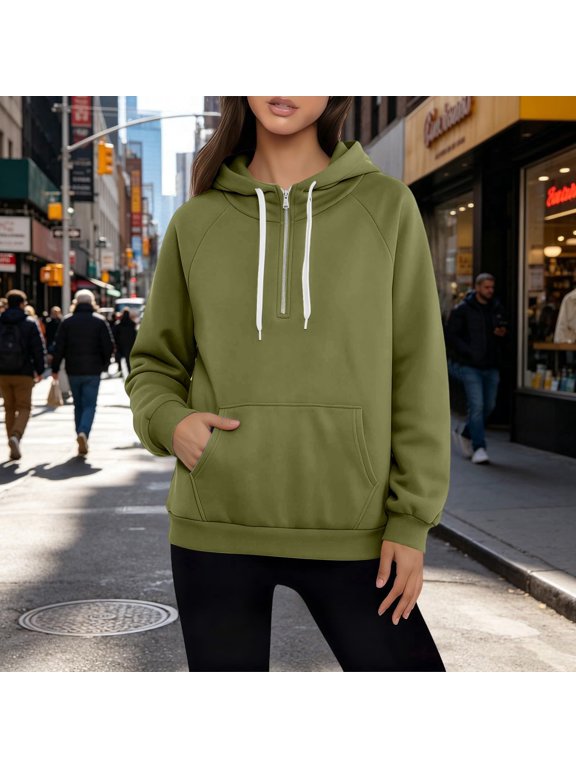 Womens Half Zip Hoodies Solid Long Raglan Sleeve Sweatshirt Drawstring Hood Kangaroo Pocket Ribbed Relaxed Fit Pullover Top