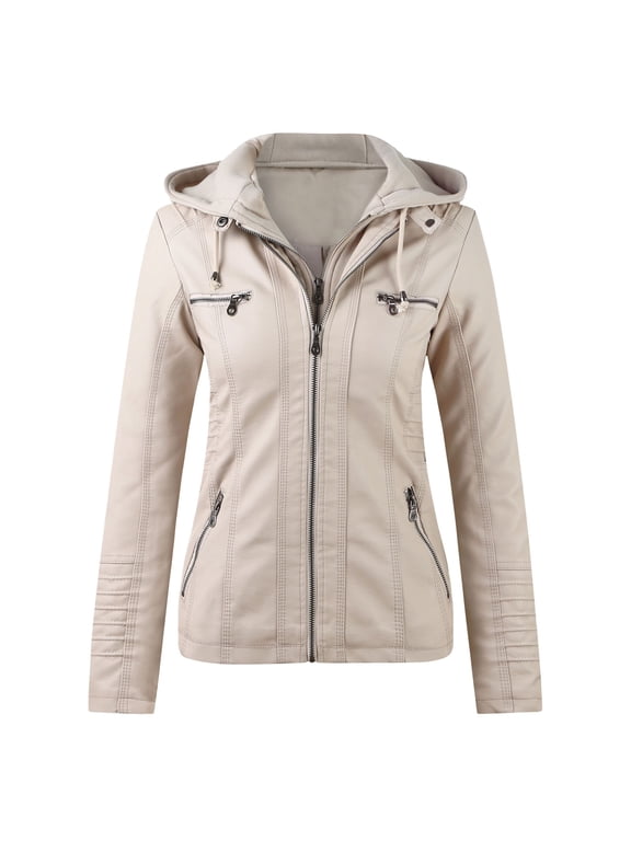 Womens Hooded Leather Jacket Long Sleeve Slim Fit Biker Coat with Full Zip and Side Pockets