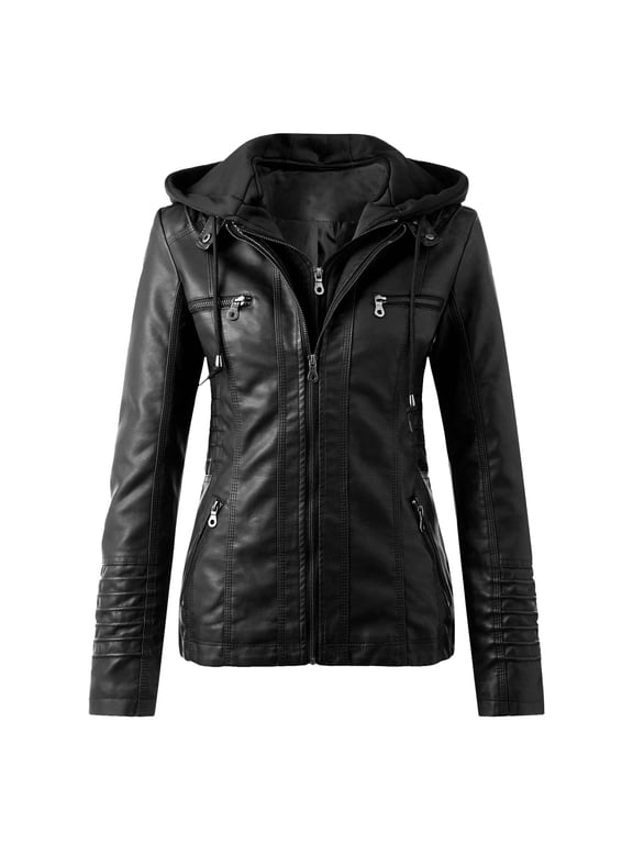 Womens Hooded Leather Jacket Long Sleeve Slim Fit Biker Coat with Full Zip and Side Pockets