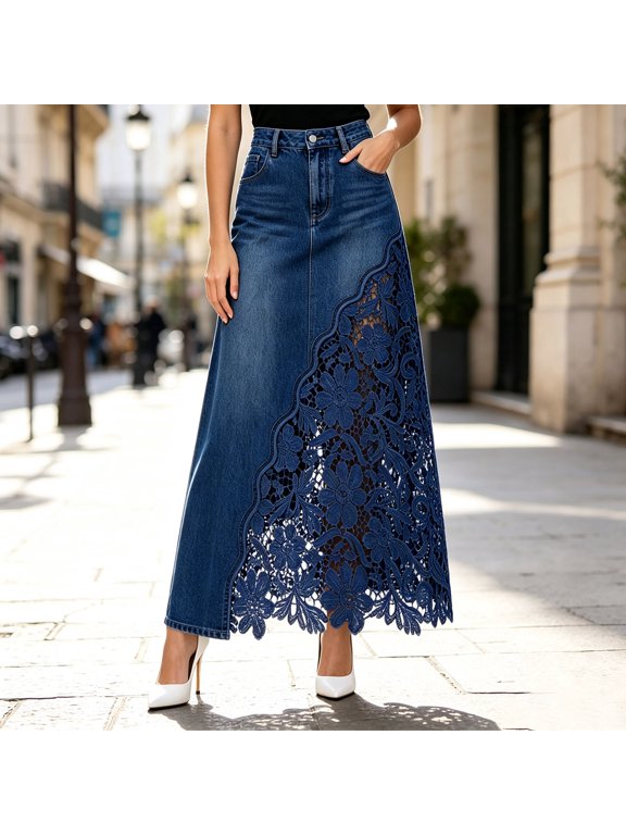 Womens Lace Panel Skirt Floral Insert High Waisted Button Front Belt Loops Side Pockets A Line Silhouette Scalloped Maxi Bottoms
