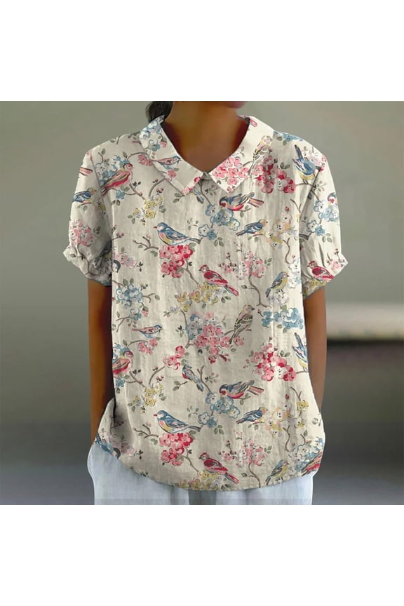 Womens Lapel V Neck T Shirt Vintage Bird Floral Print Summer Blouse Casual Short Sleeve Top