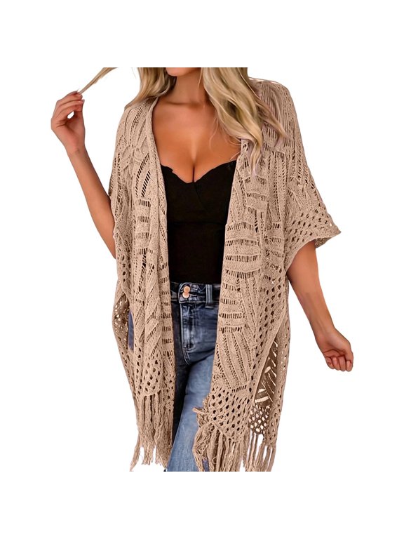 Womens Open Front Crochet Cardigan Lightweight Short Sleeve Fringe Kimono Beach Cover Up Layering Top
