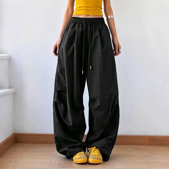 VOUZZA Womens Pants Barrel Leg Solid Elastic Drawstring Waist Side Pockets Curved Seams Cropped Baggy Trousers Casual Bottoms