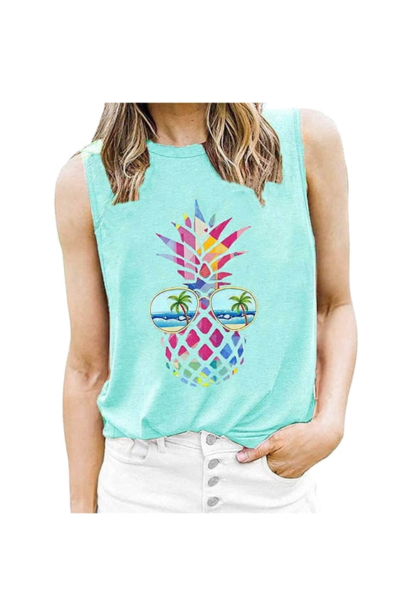 Womens Pineapple Graphic Tank Tops Crewneck Sleeveless Summer Casual Loose Fit Beach Vacation Tee