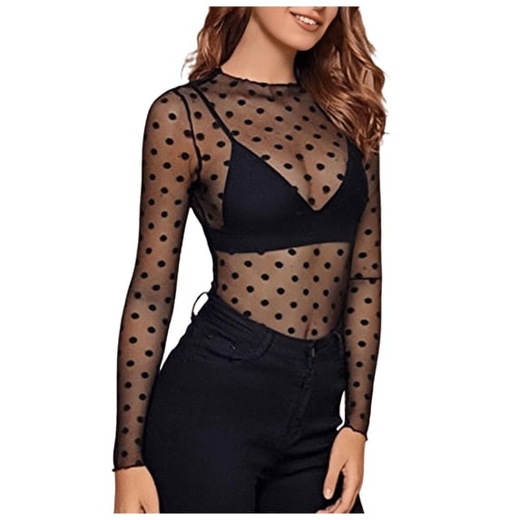VOUZZA Womens Polka Dot Mesh Tops Sheer See Through Long Sleeve Undershirt