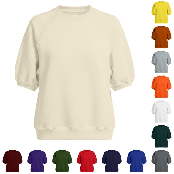 VOUZZA Womens Puff Sleeve Pullover Top Short Sleeve Crewneck Solid Loose Fit Casual Sweatshirt