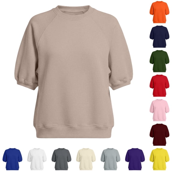 VOUZZA Womens Puff Sleeve Pullover Top Short Sleeve Crewneck Solid Loose Fit Casual Sweatshirt