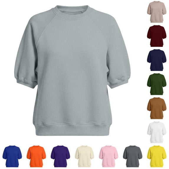 VOUZZA Womens Puff Sleeve Pullover Top Short Sleeve Crewneck Solid Loose Fit Casual Sweatshirt