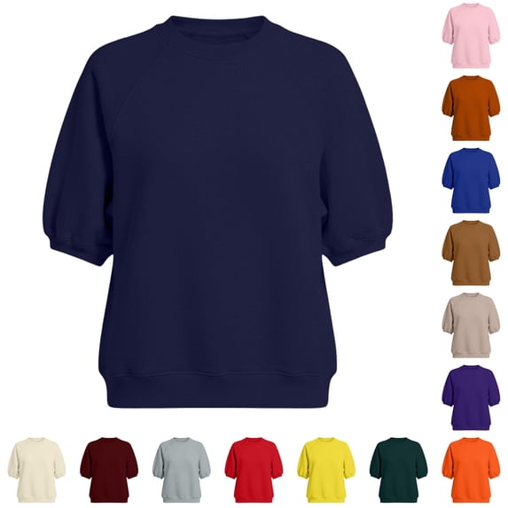 VOUZZA Womens Puff Sleeve Pullover Top Short Sleeve Crewneck Solid Loose Fit Casual Sweatshirt