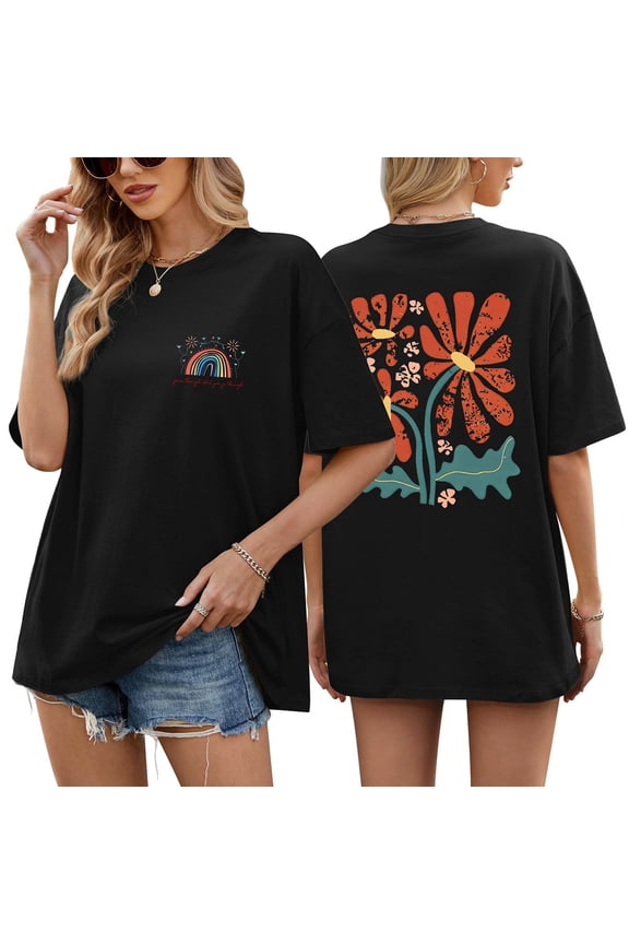 Womens Rainbow Floral Graphic Oversized T Shirts Crewneck Drop Shoulder Summer Tops Boho Boyfriend Tee