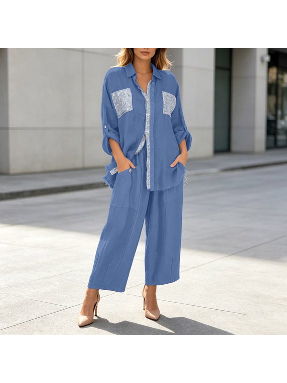 Womens Sequin Trim Outfits 2 Piece Collared Button Shirt Roll Tab Sleeves Frayed Hem Wide Leg Pants Pocket Matching Set