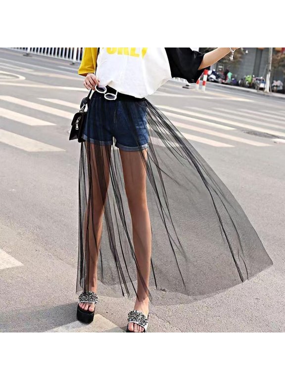 Womens Sheer Mesh Skirt Solid Elastic High Waist Maxi Overlay Gathered Flowy A Line Shape Pull On Long Length Dance Party Cover Up