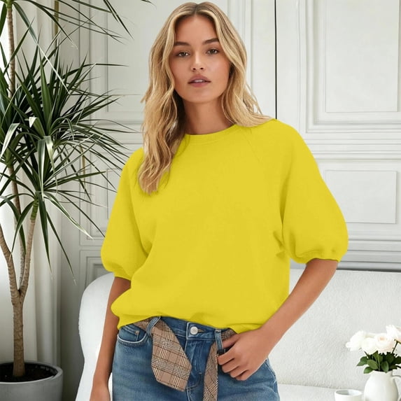 VOUZZA Womens Short Sleeve Sweatshirt Crewneck Puff Sleeve Pullover Casual Loose Fit Solid Top