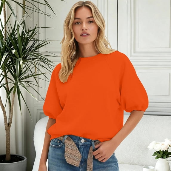 VOUZZA Womens Short Sleeve Sweatshirt Crewneck Puff Sleeve Pullover Casual Loose Fit Solid Top
