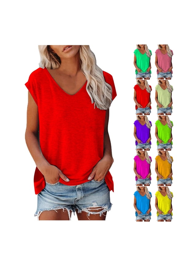 Womens Summer Tops Casual V-Neck Low Neckline Ultra Short Sleeve Solid Color Printed Loose Fit Tee Soft Breathable Lightweight Blouse