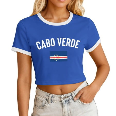 VOUZZA Womens T-Shirt Cabo Verde Graphic Print Crewneck Cropped Short Sleeve Slim Fit Tee Top
