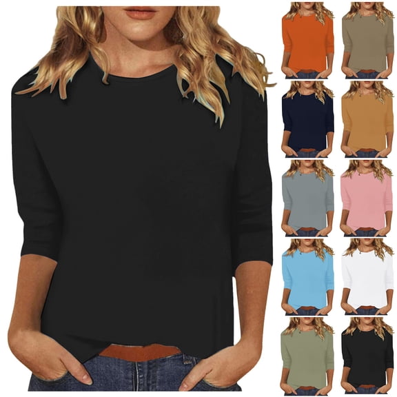 VOUZZA Womens Tees Solid O-Neck 3/4 Sleeve Loose Tunic Top Ladies Tops and Blouses Soft Lightweight Three Quarter Sleeve Everyday Wear Shirt