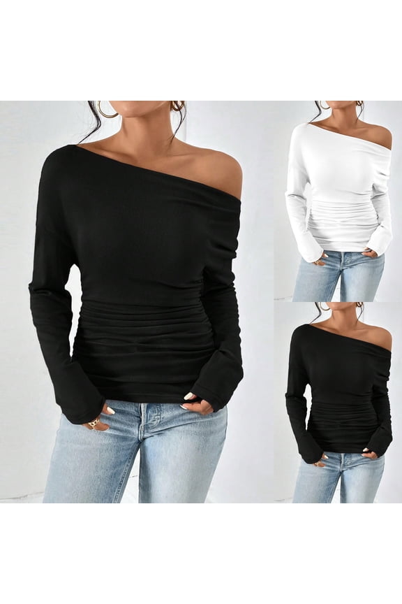 Womens Tops Casual Off Shoulder Long Sleeve Asymmetrical Slim Fit Going Out Fall Blouse Ruched Tight Shirts Slash Neck Party Wear