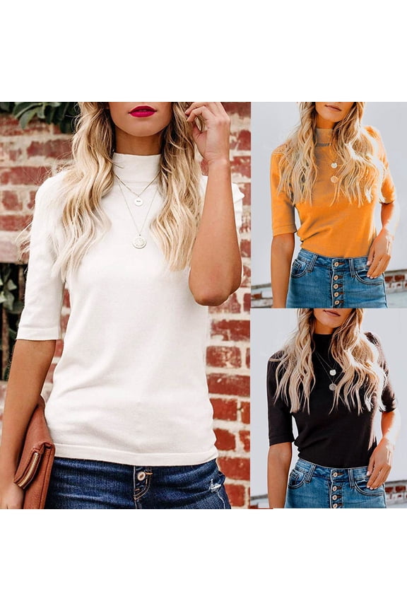 Womens Tops Summer Fitted 3/4 Sleeve Casual Plain Turtle Neck T-Shirt Half Sleeve Neck Top Soft Stretchy Lightweight Blouse