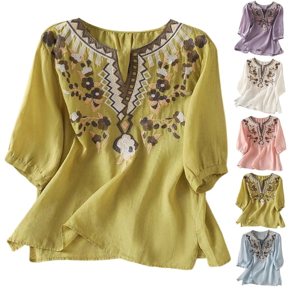 VOUZZA Womens V Neck 3/4 Sleeve Embroidery Tee Bohemian Vintage Retro Top Dressy Casual Fashion Blouse