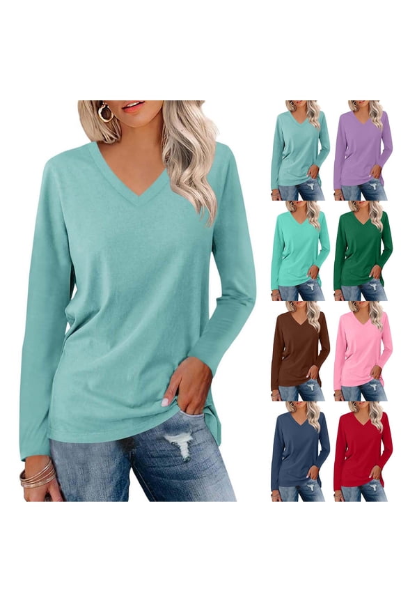 Womens V Neck Long Sleeve T Shirt Basic Plain Tunic Top Relaxed Fit Casual Layering Tee