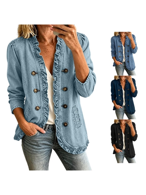 Womens Vintage Denim Jacket Long Sleeve Ruffle Edge Double Casual Blazer Coat