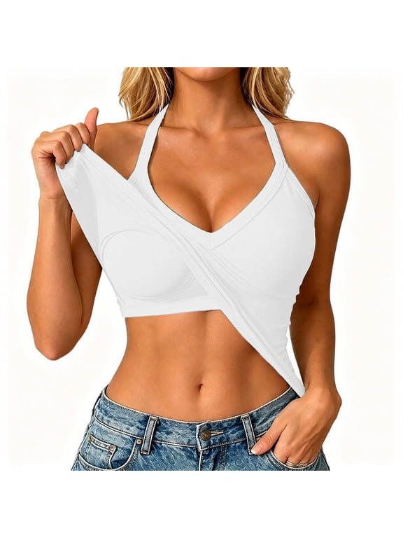 Womens Wrap Crop Tank Top Halter Neck Sleeveless Ribbed Cross Front Bodycon Going Out Shirt