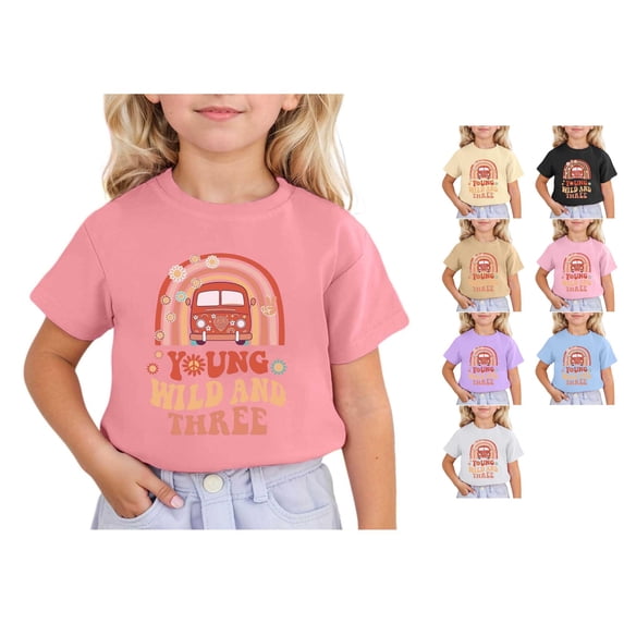 VOUZZA Young Wild and Three Girls T-Shirt 3rd Birthday Graphic Short Sleeve Round Neck Tee Top for Kids Summer Celebration Cotton Shirt Party Outfits
