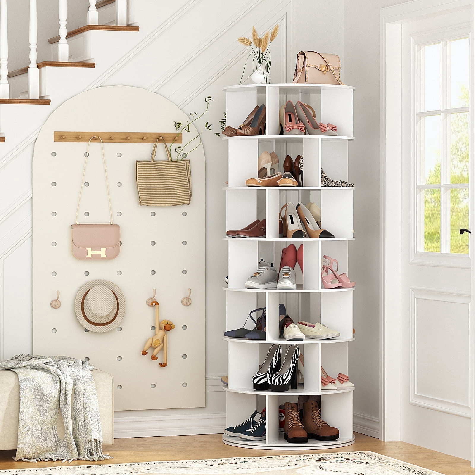 Richya 7 Tier Rotating Shoe Rack Tower,Revolving 360 Shoe Rack Storage Round Carousel,Vertical Handbag Rotate Shoes Closet Organization