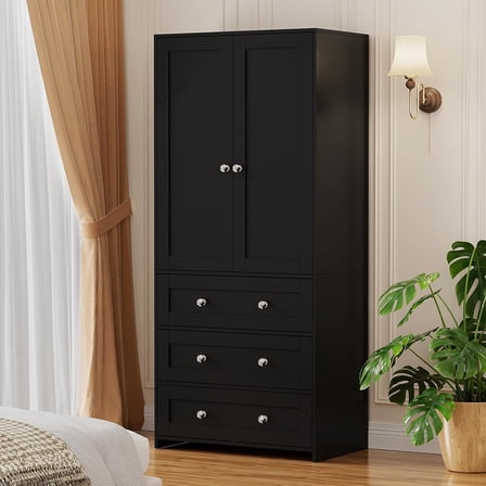 VOWNER Armoire Wardrobe Closet with Drawers and Mirror, 71" Clothing Storage Cabinet with Hanging Rod, 2 Doors Wooden Wardrobe Cabinet for Bedroom, Large Capacity Storage, Black