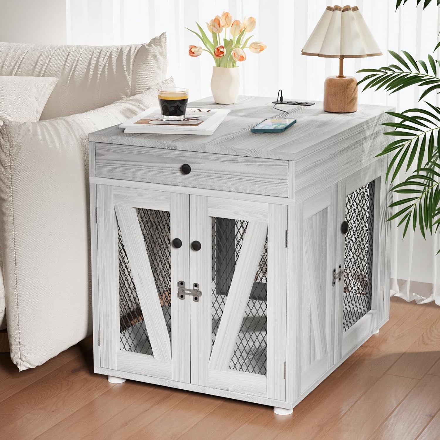 VOWNER Dog Crate Furniture, Wooden Dog Kennel End Table with USB ...