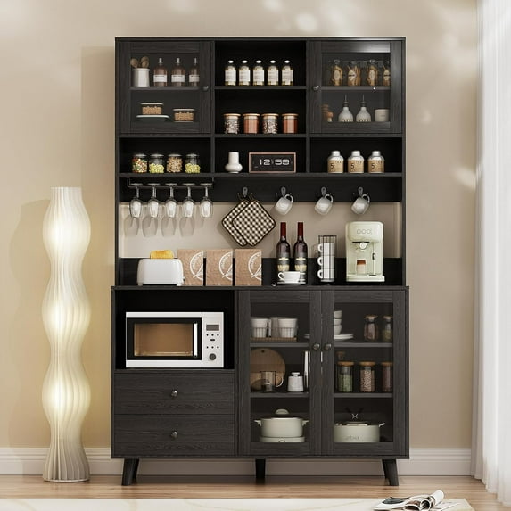 VOWNER Kitchen Hutch Storage Cabinet Microwave Shelf, Freestanding Pantry with 4 Glass Doors and 2 Drawers, Modern Sideboard Buffet Cabinet for Kitchen, Dining Room, Living Room, Black
