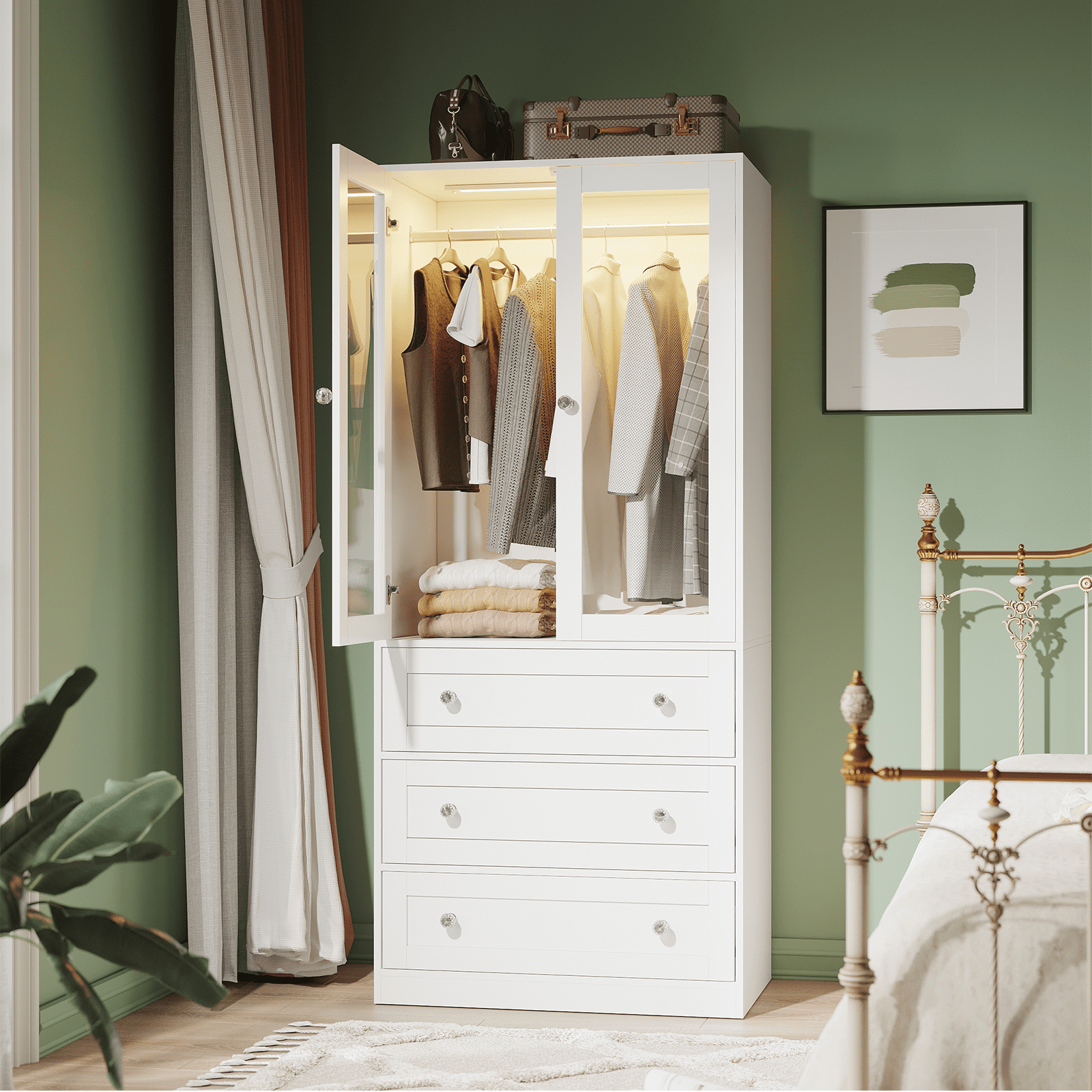 Richya White Wooden Freestanding Wardrobe Closet Cabinet with 3 Drawers,Modern Wood Closet Storage Cabinet for Bedroom