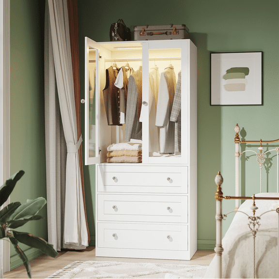 VOWNER Modern Glass Door Wardrobe Armoires with 3 Drawers Three Lighting Modes Adjustable Brightness Aluminum Alloy Hanging Rod Regular Door