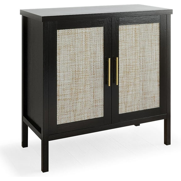 VOWNER Rattan Storage Cabinet, Buffet Cabinet Sideboard with Rattan Decorated Doors, Cupboard for Hallway, Entry, Living Room, 31.5" W x 15.75" D x 31.5" H, Black