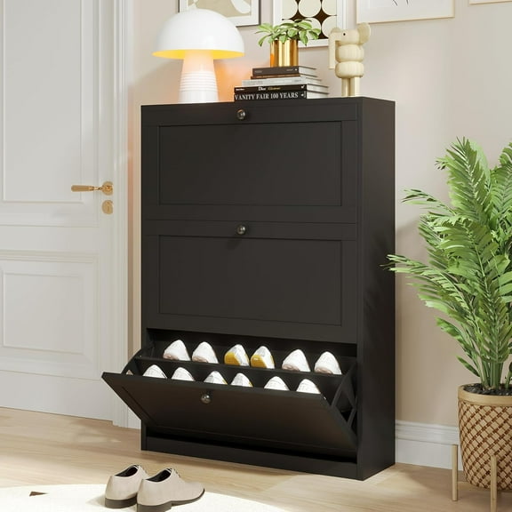 VOWNER Shoe Cabinet with 3 Flip Drawers, Freestanding Shoe Storage Cabinet with Adjustable Shelf & Anti-Tipping Device, Shoe Rack for Entryway, Hallway, Living Room (Black)