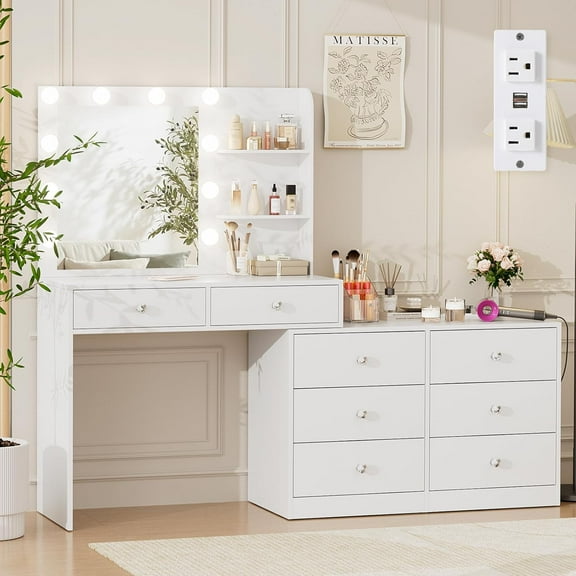 VOWNER Vanity with Lighted Mirror - 47" Makeup Vanity Desk with 8 Drawers, 3 Storage Shelves and Outlet, 3 Color Lighting Modes, Makeup Desk with 6-Drawer Chest for Bedroom, White (No Stool)