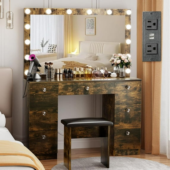 VOWNER Vanity with Lighted Mirror - Makeup Vanity Desk with Power Outlet and 7 Drawers, 3 Color Lighting Modes Adjustable Brightness, 44" Vanity Table with Soft Cushioned Stool for Women Girls, Rustic