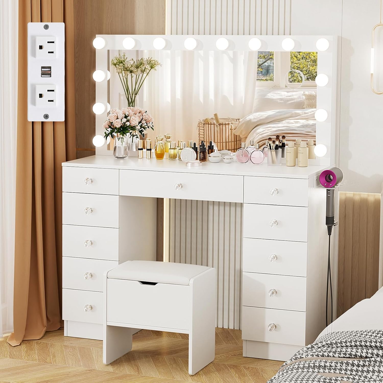 VOWNER Vanity with Lighted Mirror - Makeup Vanity Desk with 11 Drawers
