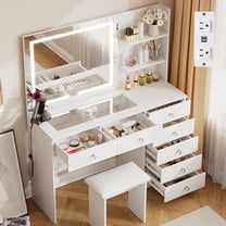 VOWNER Vanity with Lighted Mirror - Makeup Vanity Desk with Glass Top and 7 Drawers, 3 Storage Shelves and Outlet, 3 Color Lighting Modes Adjustable Brightness, 47" Vanity Table with Stool (White)