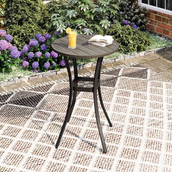 VOXBIN 28" Round Outdoor Bar Table with Adjustable Umbrella Hole Modern Metal Frame for Balcony ,Graywood