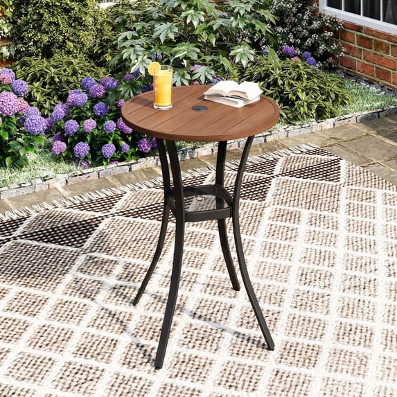 VOXBIN 28" Round Outdoor Bar Table with Adjustable Umbrella Hole Modern Metal Frame for Balcony