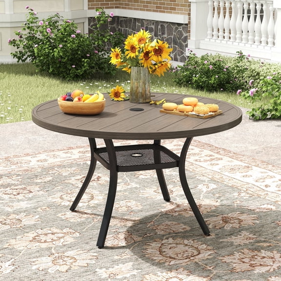 VOXBIN 42" Round Outdoor Patio Dining Table All-Weather Metal Frame with Adjustable Umbrella Hole ,Graywood