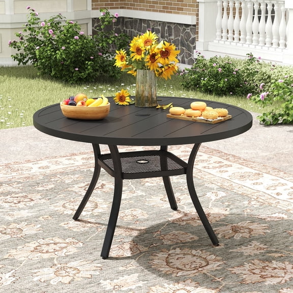 VOXBIN 42" Round Outdoor Patio Dining Table All-Weather Metal Frame with Adjustable Umbrella Hole ,Black