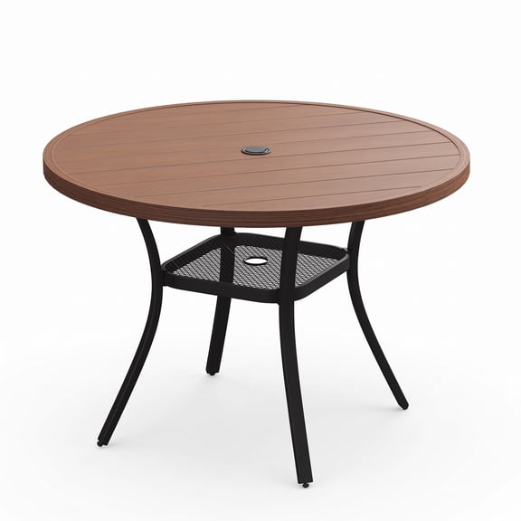 VOXBIN 48" Round Outdoor Patio Dining Table with Storage Shelf and Adjustable Umbrella Hole, Walnut