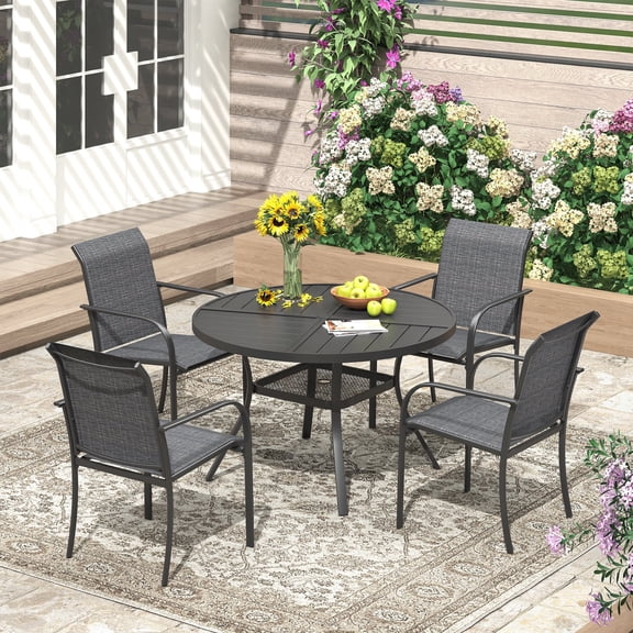 VOXBIN 5-Piece All-Weather Outdoor Garden Dining Set - 40.6" Round Table with 4 Stackable Fixed Chairs for Backyard Garden