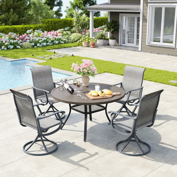 VOXBIN 5 Pieces Outdoor Dining Set for 4-40.6" Round Patio Table and 4 Swivel Chairs, Grey Wood Tabletop and Grey Fabric
