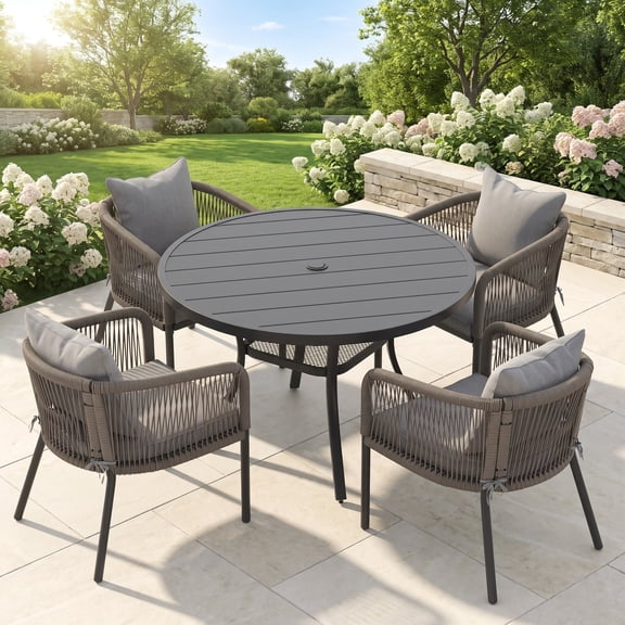 VOXBIN 5 Pieces Outdoor Patio Dining Set, 41" Black Round Table and 4 Wicker Chairs with Soft Gray Cushions